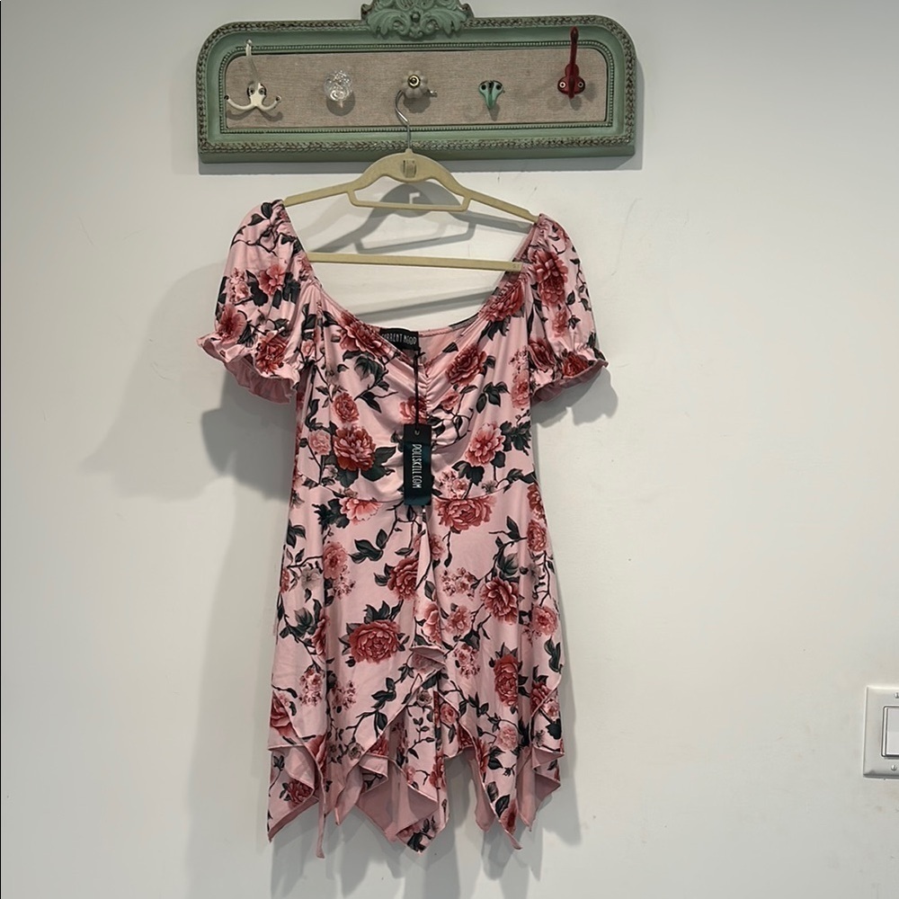 Current Mood Pink Floral LSF handkerchief hem Mini Dress new size medium